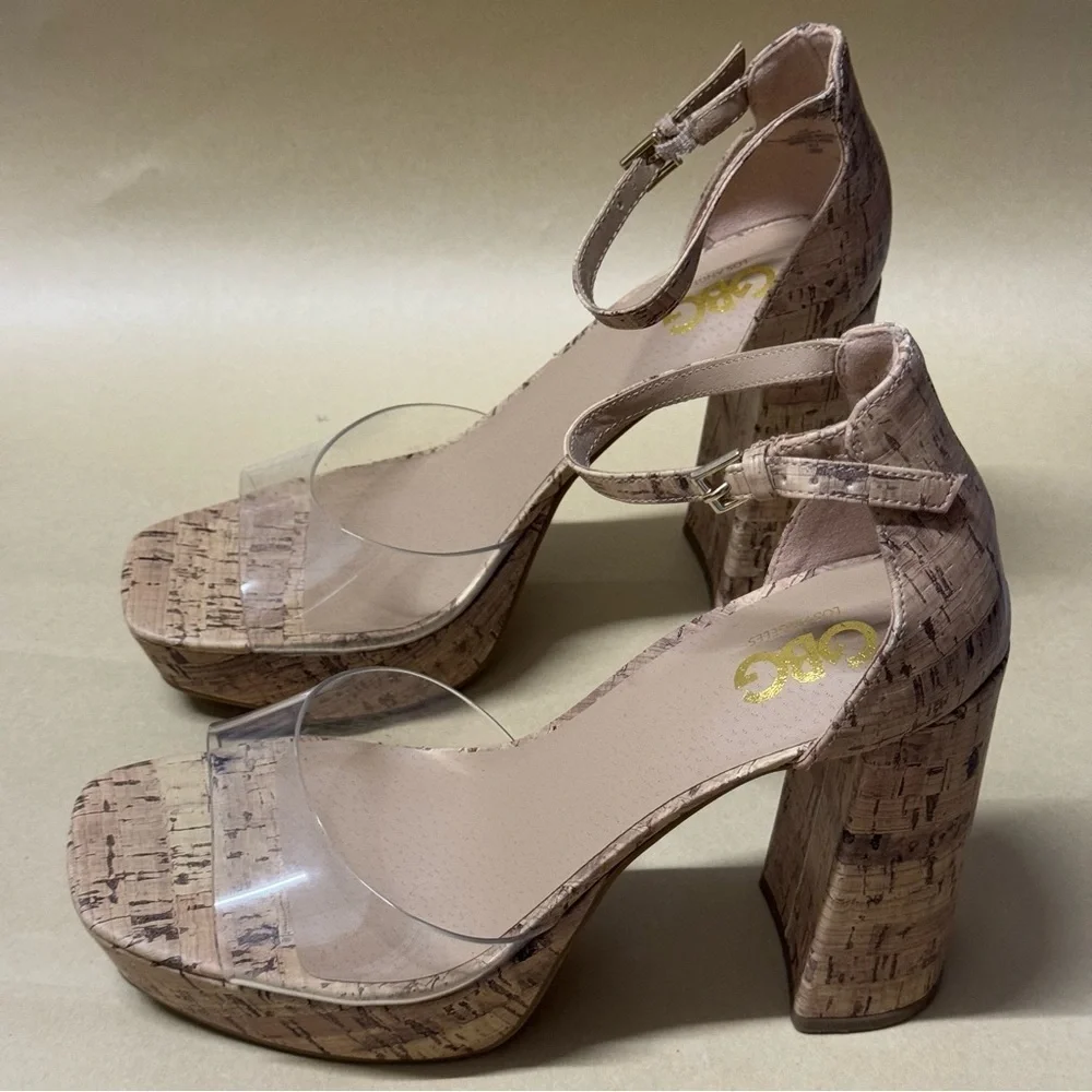 GBG Ankle Strap Cork Platform Sandals Block Heel Clear Band Square Toe 10